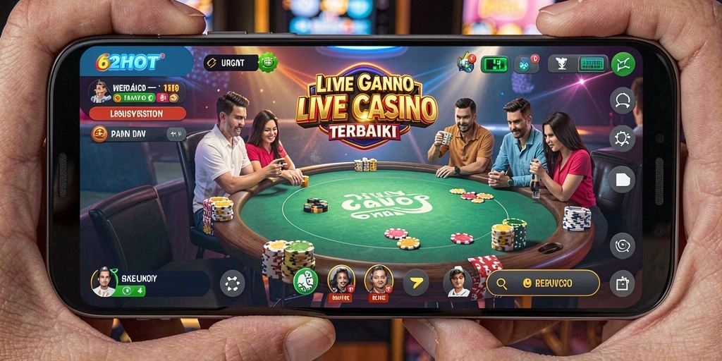 Screenshot gameplay 62HOT menampilkan dealer profesional dan suasana kasino yang hidup.