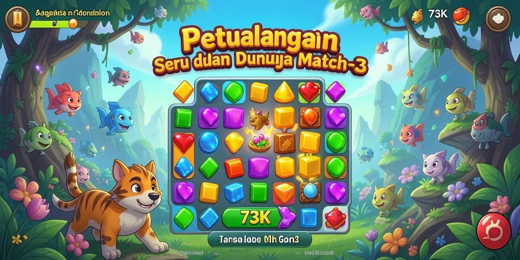 Tampilan menarik dari gameplay 73K dengan tantangan Match-3.