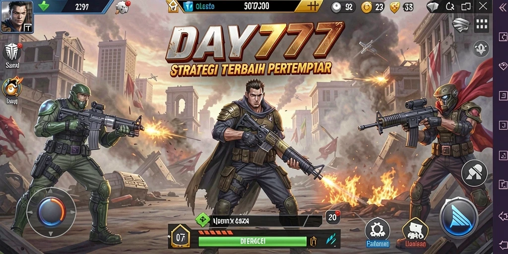 Screenshot utama DAY777 yang menampilkan pertempuran strategis.